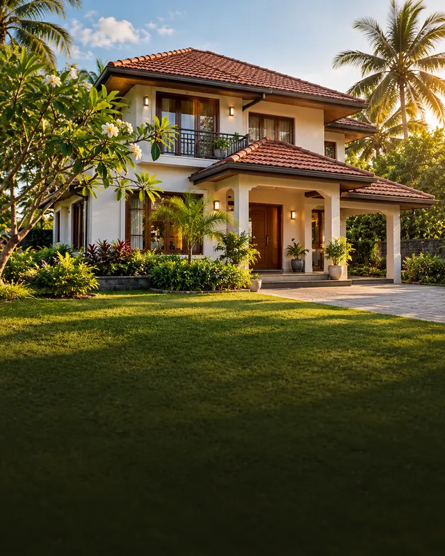 A white two-storey house with a red tiled roof and a tropical garden in evening sun